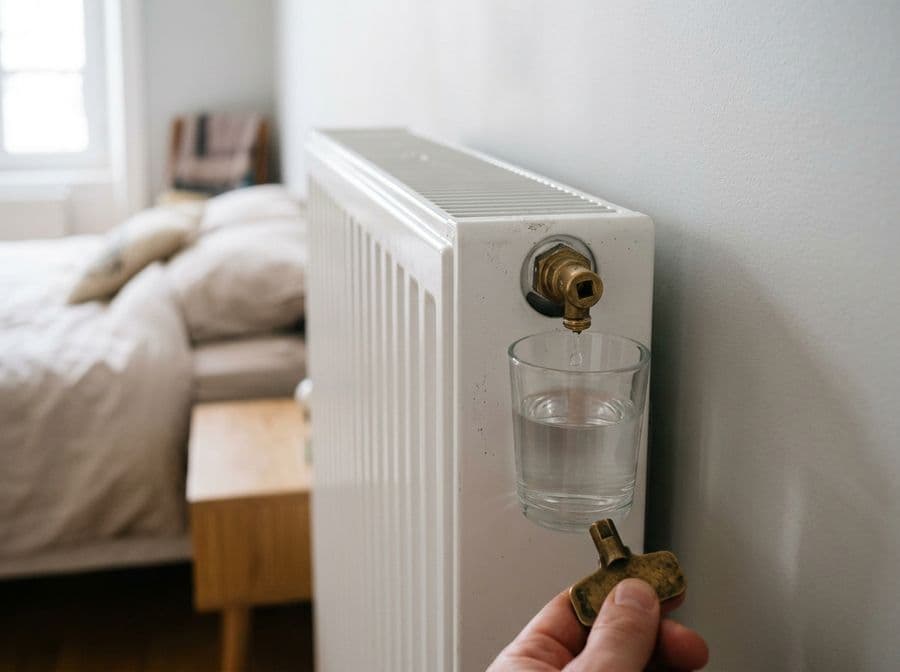 Purgeur de radiateur ouvert avec un récipient posé dessous